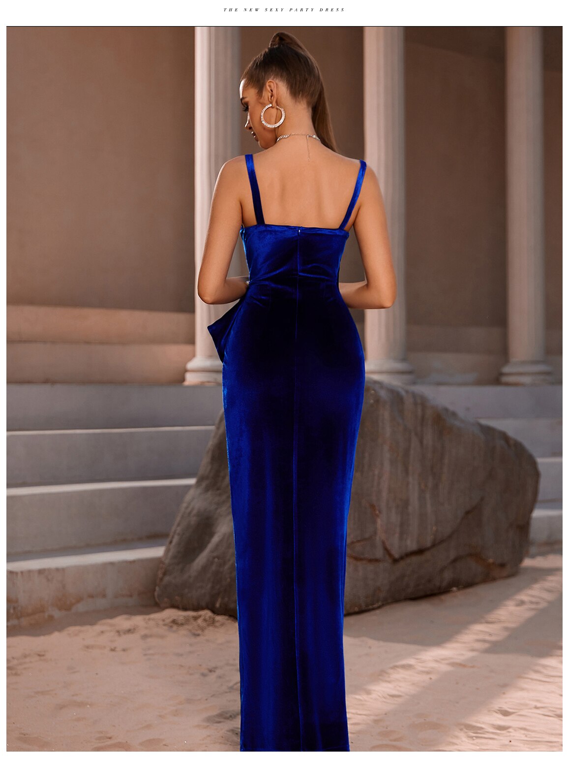 Elegantes Maxi-Club-Kleid 2023 Sexy High Split Blue Pearl Velvet Spaghetti-Träger