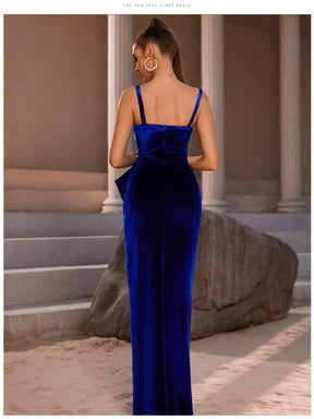 Elegante Maxi Club Dress 2023 Cinturino per spaghetti in velluto blu perlato con spacco alto sexy