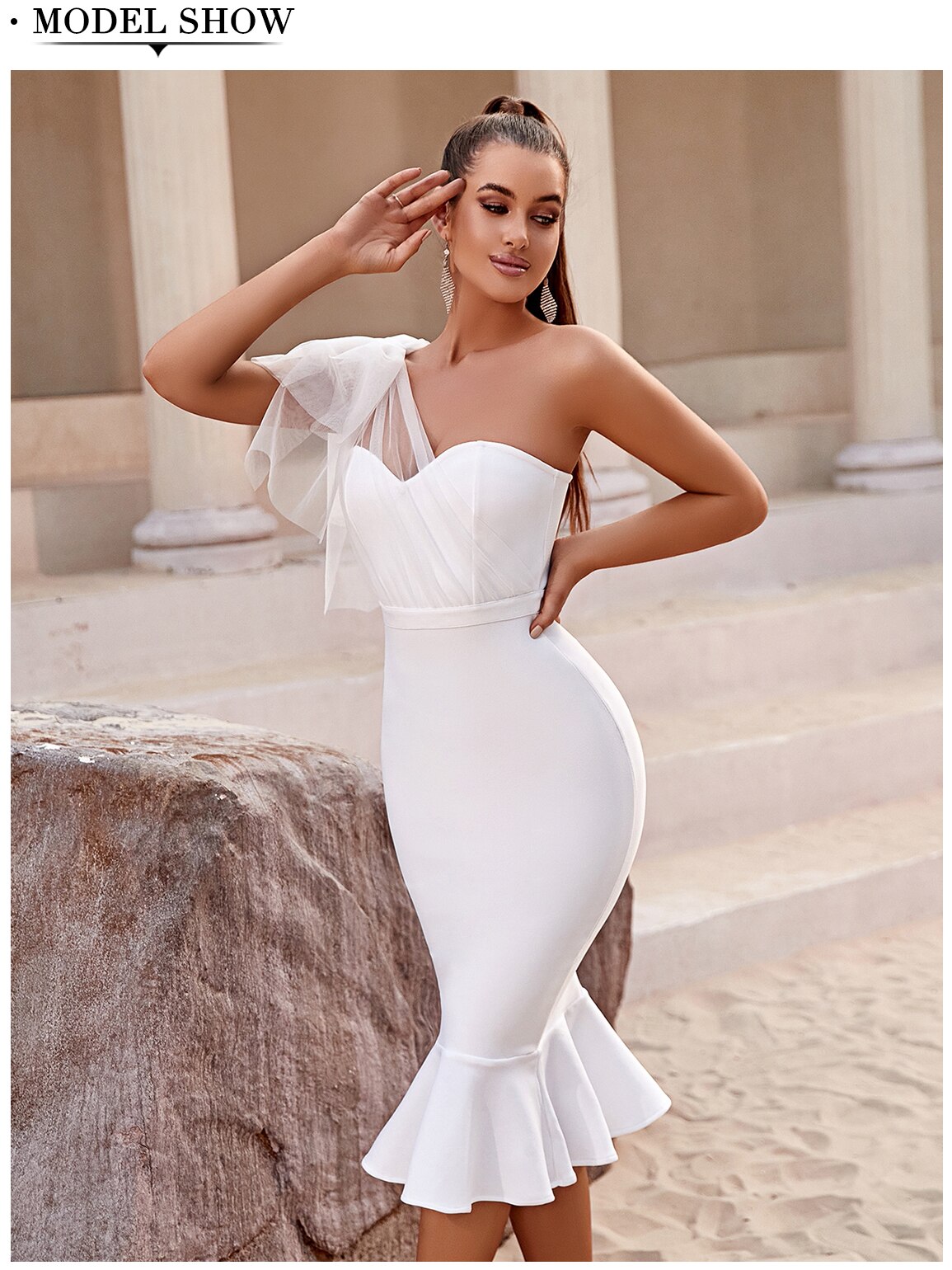 One Shoulder Bandage Dress For Women Mermaid Hem Bow Sleeveless Bodycon Vestidos