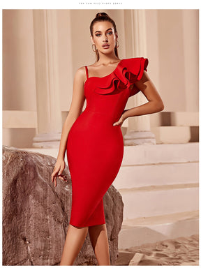 Asymmetrical Neck Ruffle Trim Bodycon Dress Bandage Dress Sleeveless Evening Party