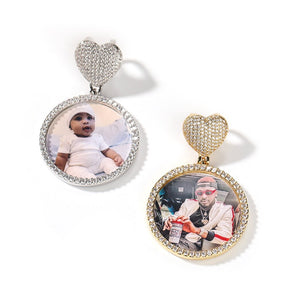 Round Heart Clasp Medallions Custom Photo Memory Pendant Engrave Name HipHop Jewlery