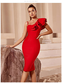 Asymmetrical Neck Ruffle Trim Bodycon Dress Bandage Dress Sleeveless Evening Party