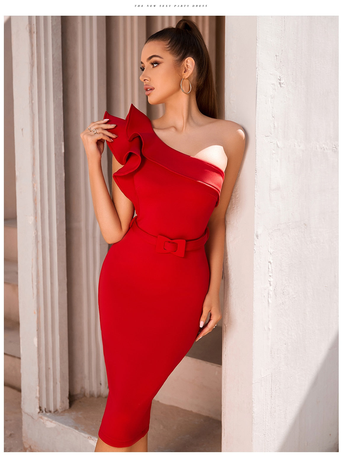 One Shoulder Ruffle Sexy Celebrity Evening Midi Elegant Dresses Vestidos