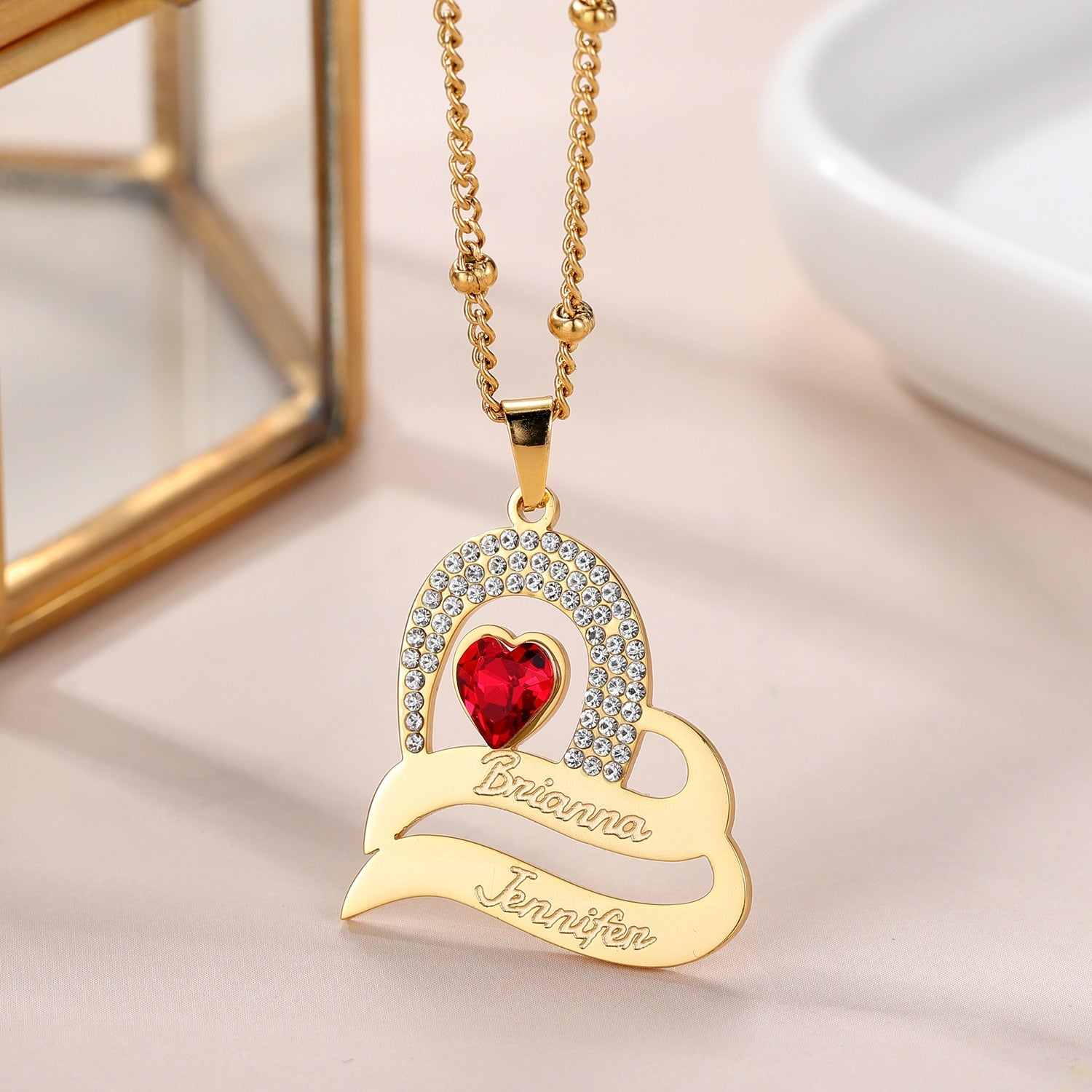 Personalized Delicate Cubic Zirconia Stones Engraved Names Custom Heart Pendant