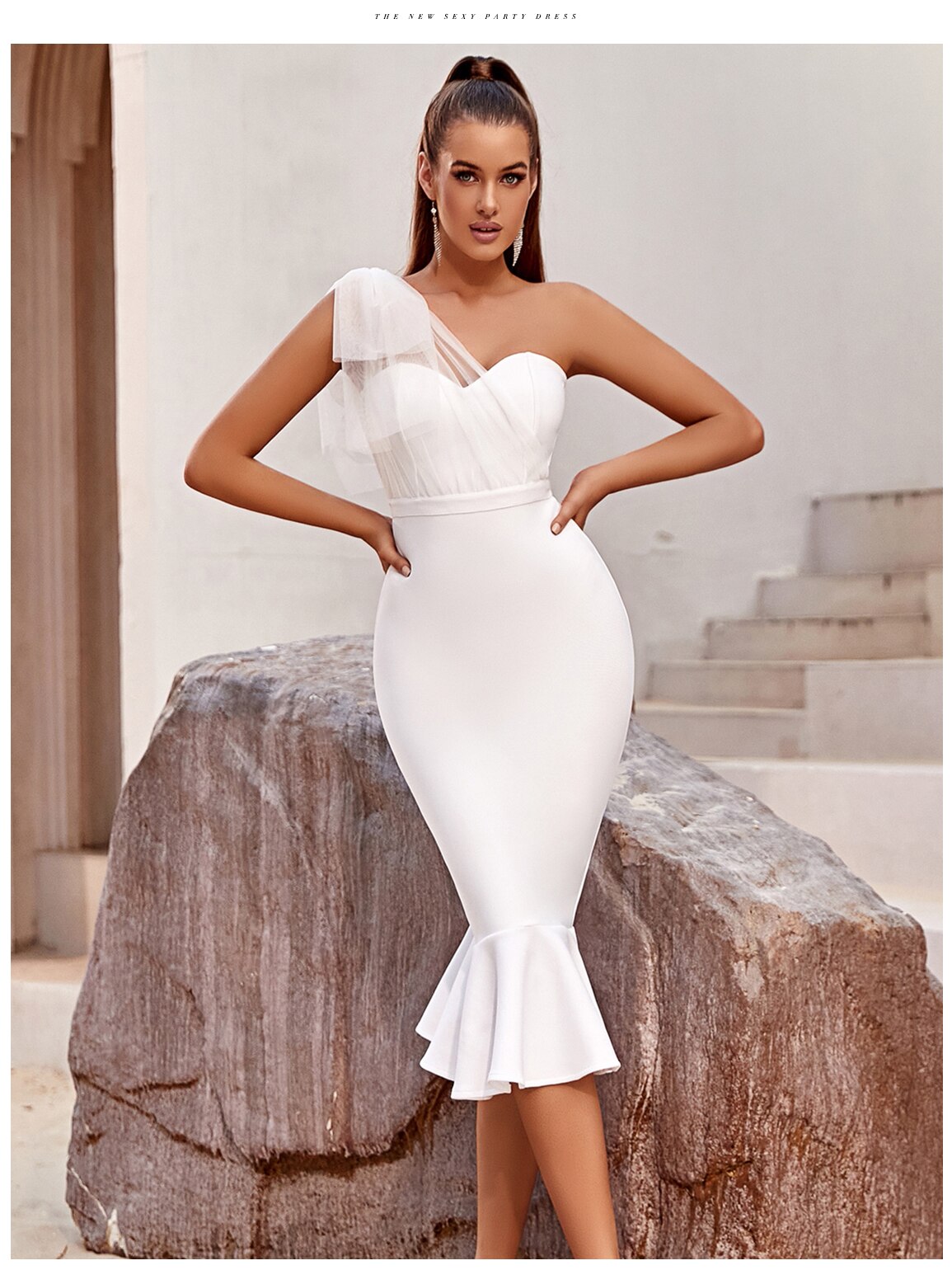 One Shoulder Bandage Dress For Women Mermaid Hem Bow Sleeveless Bodycon Vestidos