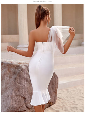 One Shoulder Bandage Dress For Women Mermaid Hem Bow Sleeveless Bodycon Vestidos