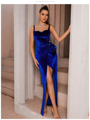 Elegant Maxi Club Dress 2023 Sexy High Split Blue Pearl Velvet Spaghetti Strap