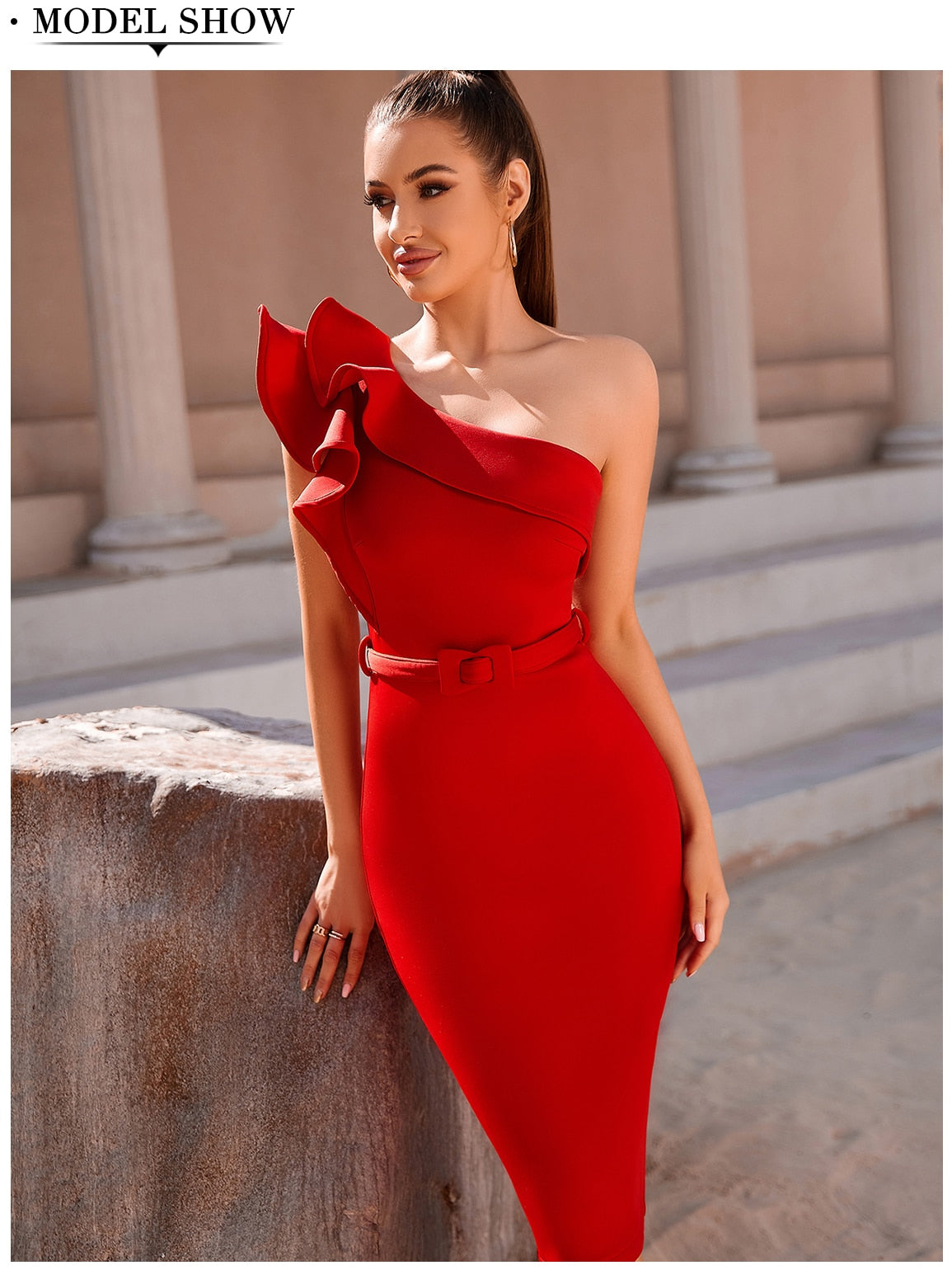 One-Shoulder-Rüsche Sexy Promi-Abend Midi Elegante Kleider Vestidos