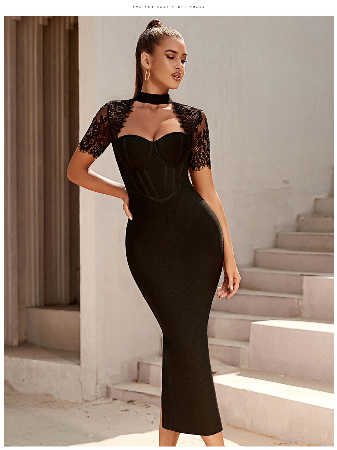 Black Lace Bodycon Bandage Dress Sexy Short Sleeve Party Dress Vestido