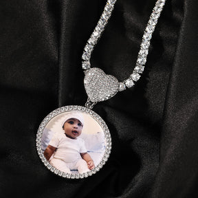 Round Heart Clasp Medallions Custom Photo Memory Pendant Engrave Name HipHop Jewlery