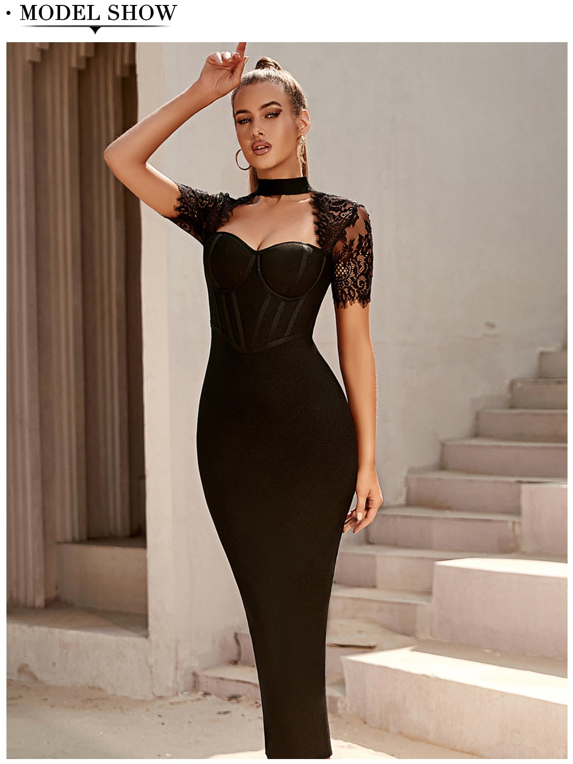 Black Lace Bodycon Bandage Dress Sexy Short Sleeve Party Dress Vestido