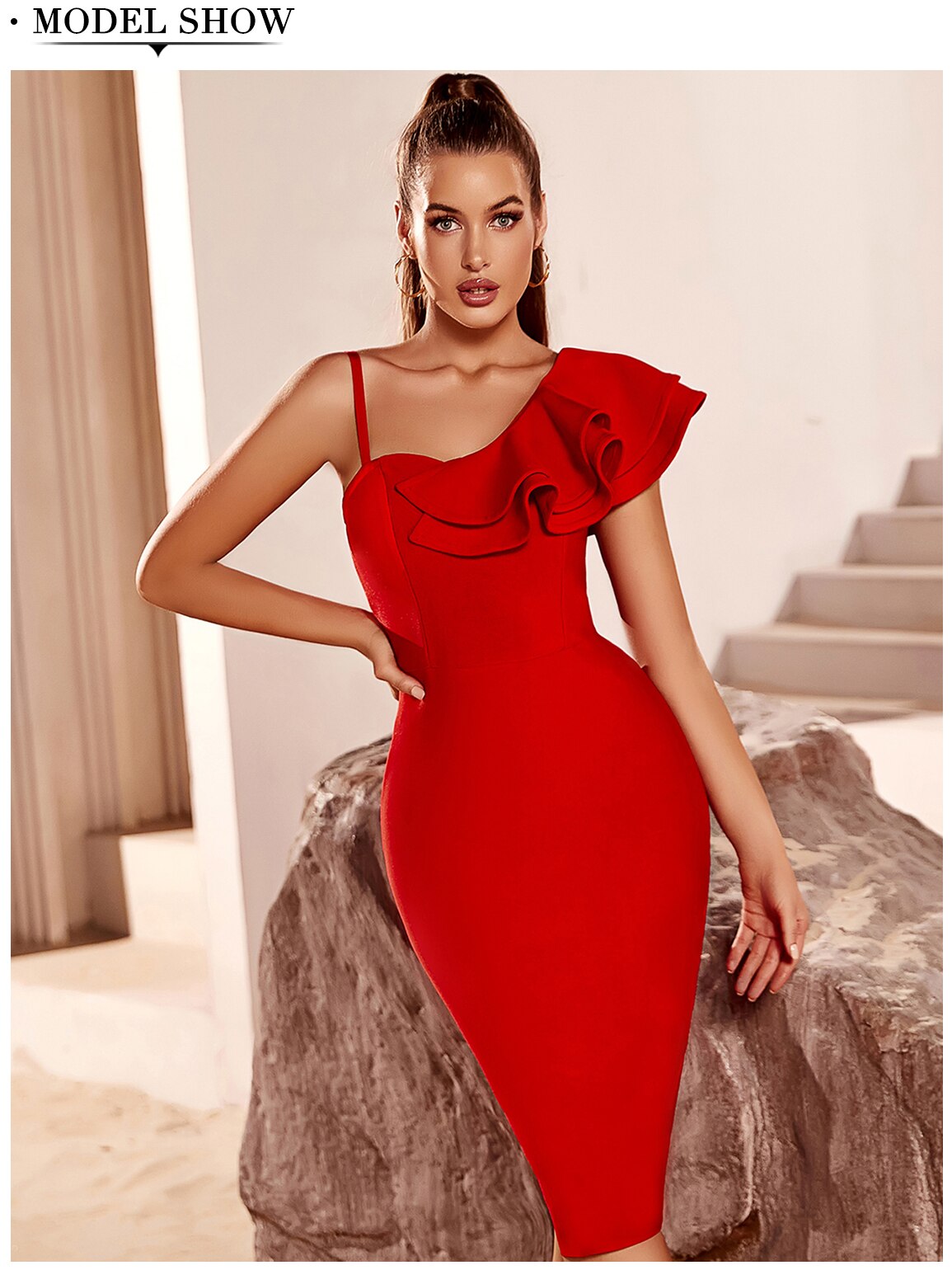 Asymmetrical Neck Ruffle Trim Bodycon Dress Bandage Dress Sleeveless Evening Party