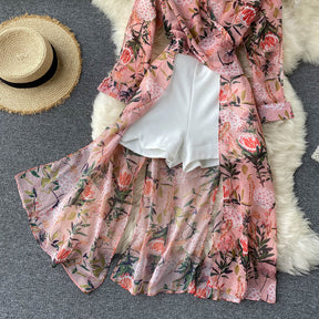 Women Casual Two Piece Set Long Sleeve V Neck Asymmetrical Chiffon Shirt