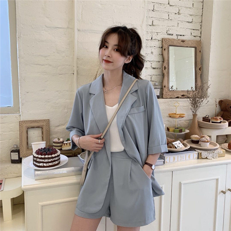 Blazer Set Women Korean Fashion Thin Jackets Casual Loose Shorts Two Piece Suits Female