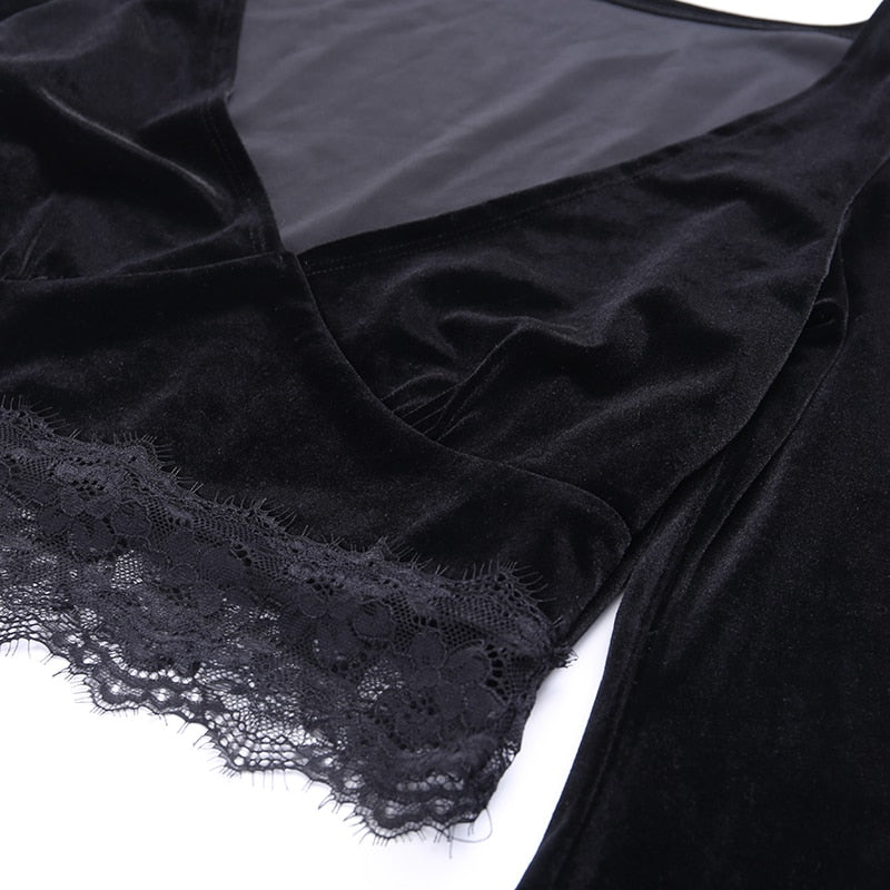 Ins Goth Sexy Women Gothic Crop Top Flare Long Sleeve Lace Hollow Out Black  V-neck T-shirt