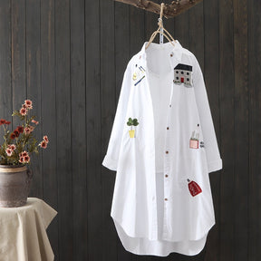 100% Cotton Women White Floral Embroidery Blouse Long Sleeve Turn Down Collar Shirt