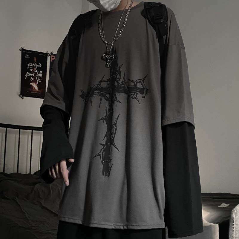 Gothic Style Tshirt Punk Long Sleeve Oversized T-shirt Fake Two-piece Street Fashion Style