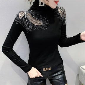 Women's Tops Shirt Casual Turtleneck Long Sleeve Hollow Out Hot Drilling Mesh T-Shirt