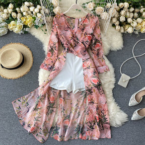 Women Casual Two Piece Set Long Sleeve V Neck Asymmetrical Chiffon Shirt