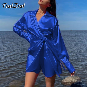 Long Sleeve Mini Satin Dress Nothed Lace Up Bandage Wrap High Waist Casual Shirt Dresses