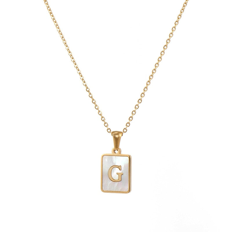 18K Golden Chain Necklaces Male Square Natural Shell Initial Letters Pendant Stainless Steel Jewelry