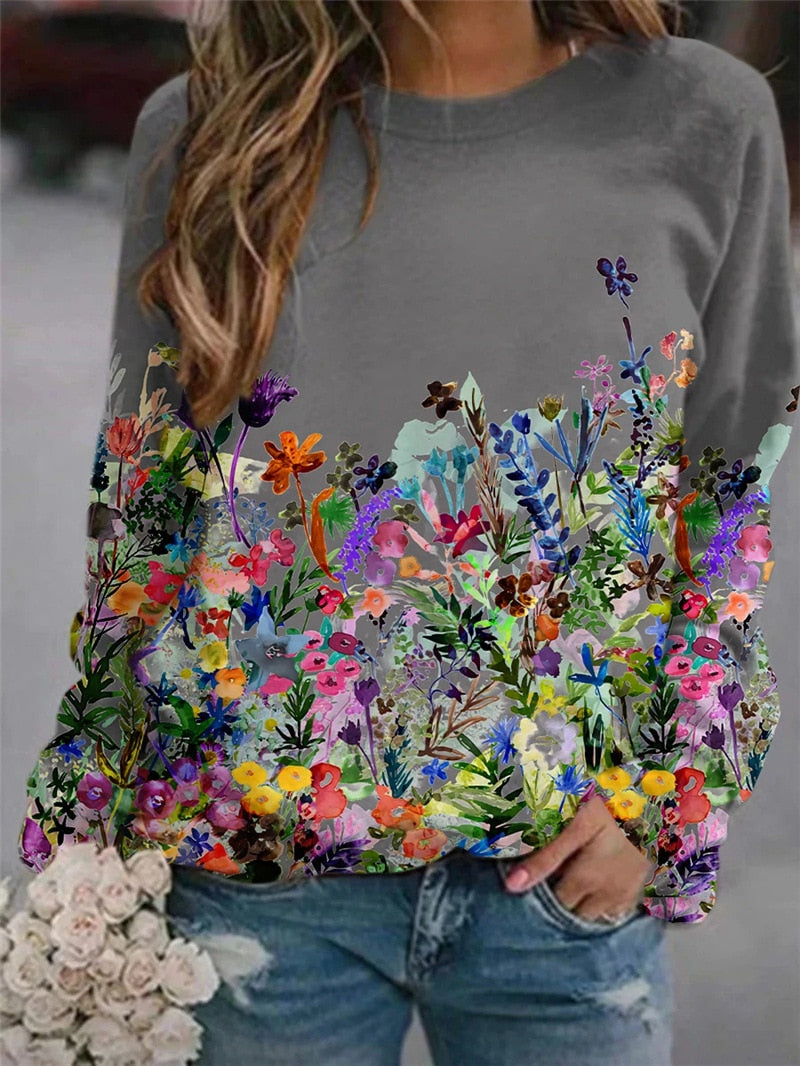 Women's Flower Print Top Loose Long-sleeved Round Neck Sweater All-match T-shirt