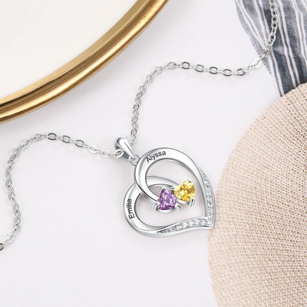 Personalized Heart Necklace with 2 Birthstones Engraved Name Couple Necklace