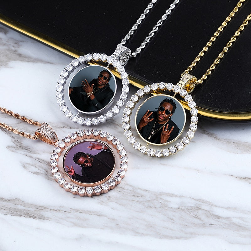 Custom Made Photo Rotating double-sided Medallions Pendant Necklace Men's Hip hop Jewelry