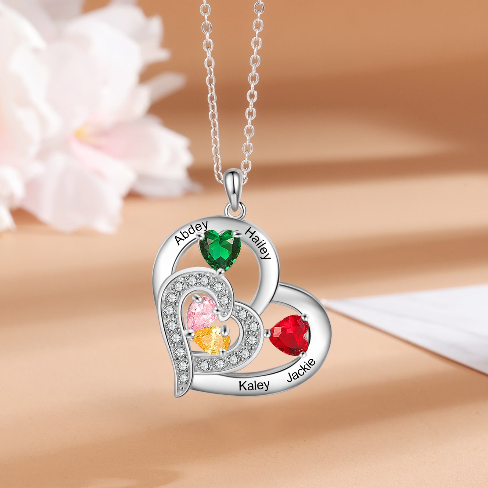 Personalized 1-6 Name Engraving Heart Pendant DIY Birthstone Necklace