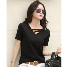 Sommer Kurzarm Frauen weißes T-Shirt Frauen V-Ausschnitt lose schwarze Top Casual T-Shirt Frauen