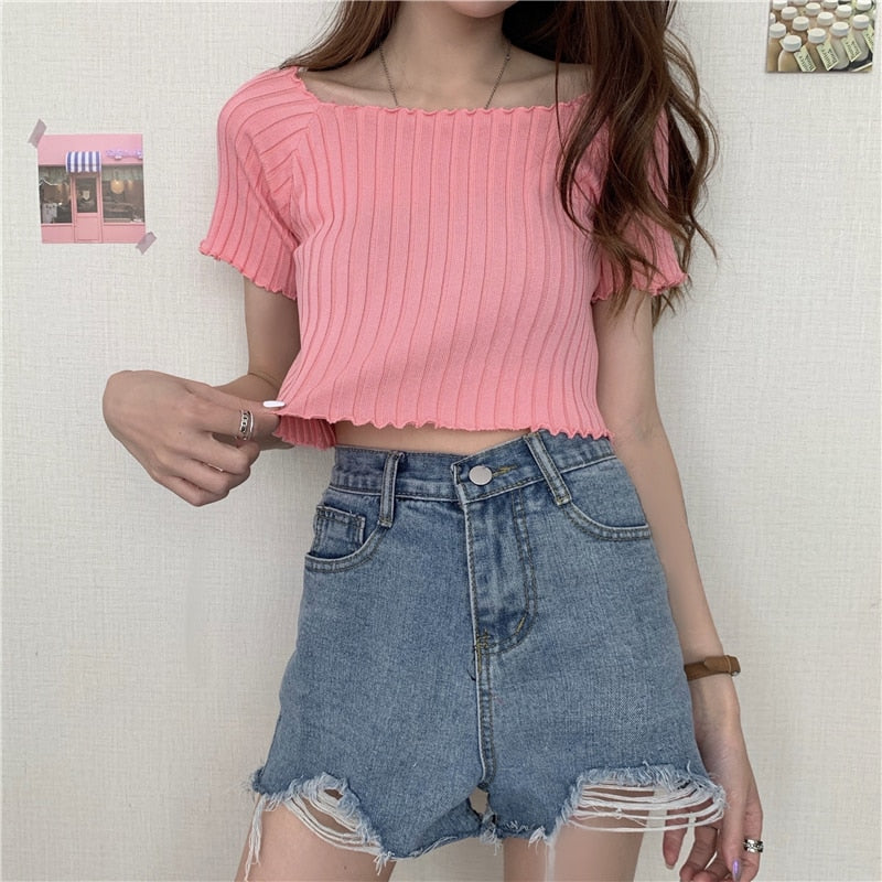 Women Off Shoulder T-shirts Knitted Ruffles Hem Crop Tops Short Sleeve T-shirts