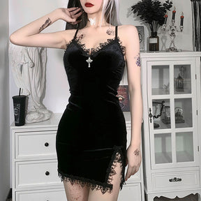 Gothic Dark Cross Black Mini Dress Vintage Sexy Spaghetti Strap High Waist Slit Dresses