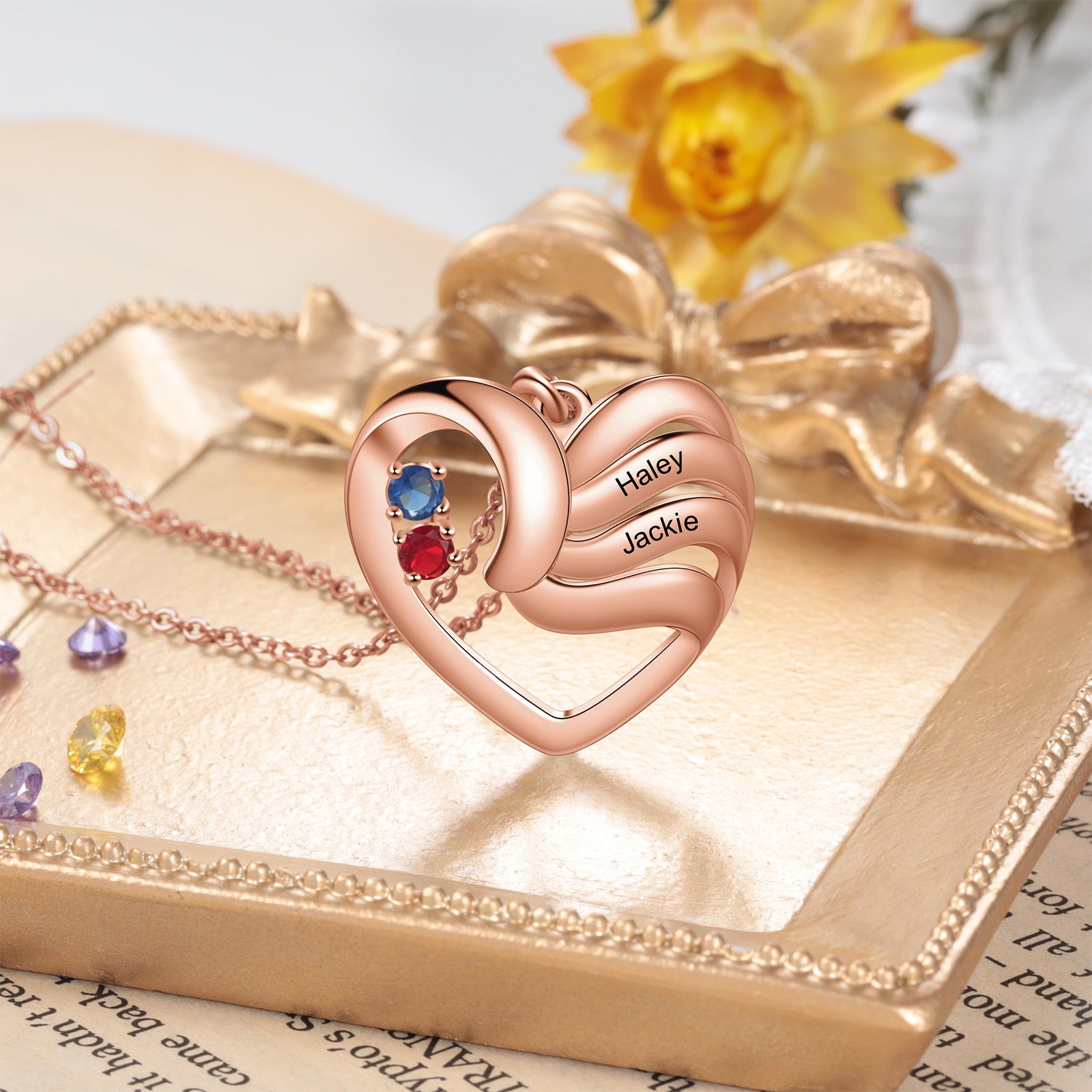 2-5 Namen Customized Birthstone Fashion Memorial Heart Halskette