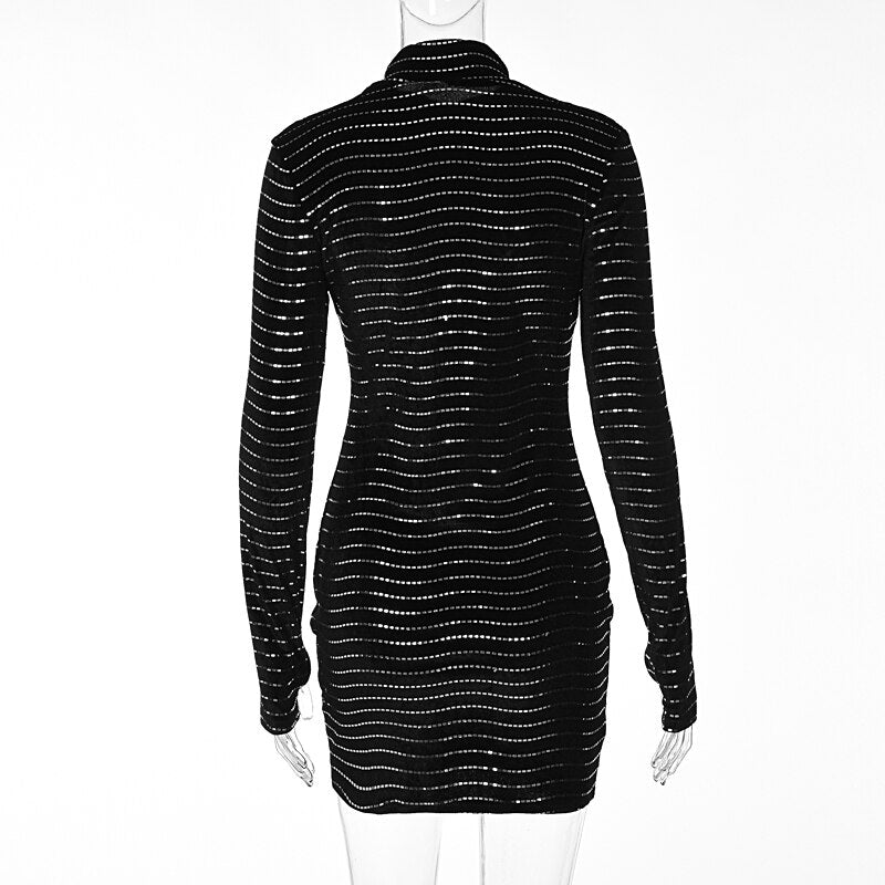 Sequins Long Sleeve Turtleneck Bodycon Slim Sexy Mini Dress Party Club Y2K