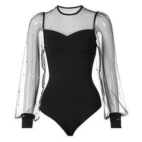 Damen Strampler Langarm Spitze Mesh Spliced ​​Rundhals Bodysuit Trikot Perlenstickerei Slim Jumpsuits