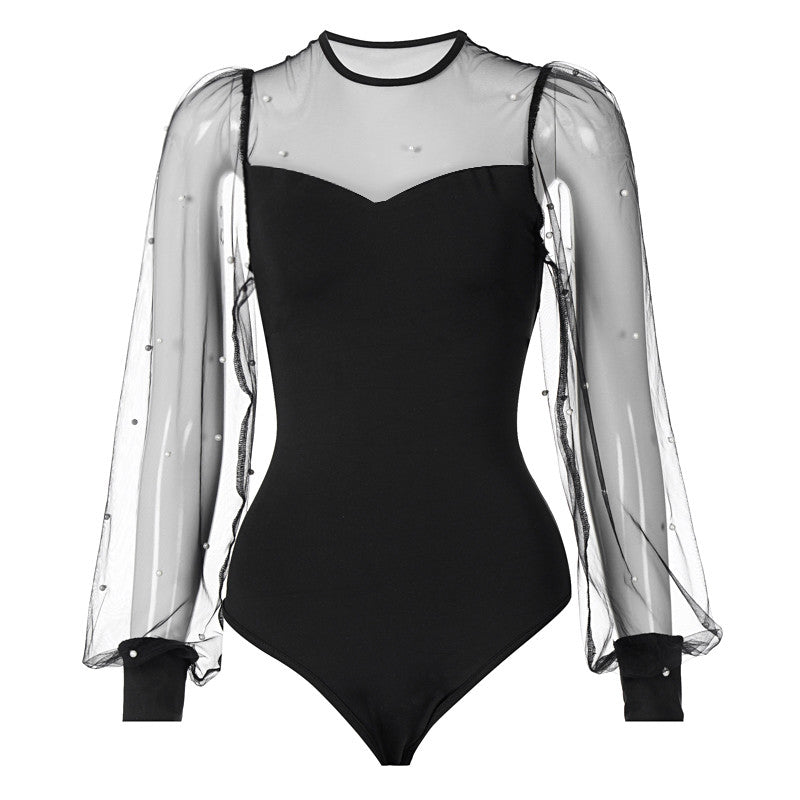 Women Rompers Long Sleeve Lace Mesh Spliced Crew Neck Bodysuit Leotard Beading Slim Jumpsuits