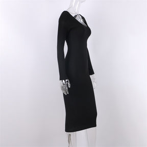 Sexy Bodycon Midi Woman Dress Knitted Long Sleeve V Neck Party Elegant Robe Women's Dresses