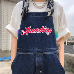 American Embroidery Denim Overalls Women Jean Jumpsuits Loose Straight Wide Leg Pants