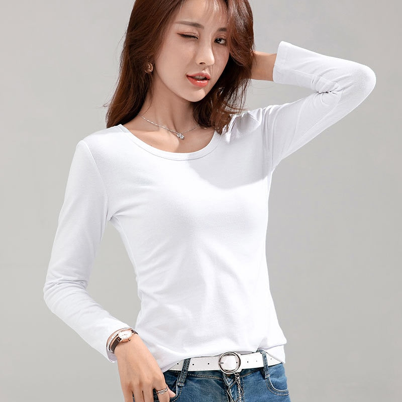 T-shirt Slim Pure Cotton 95% Women T-shirt Long-sleeved for Female Thin Tops Woman Tees Shirt