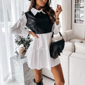 Long Sleeve Mini Shirt Dress For Women White 2022 Spring PU Leather Patchwork Plaid Dresses