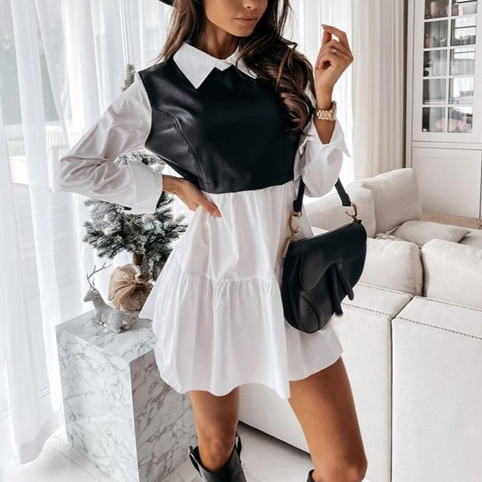 Long Sleeve Mini Shirt Dress For Women White 2022 Spring PU Leather Patchwork Plaid Dresses