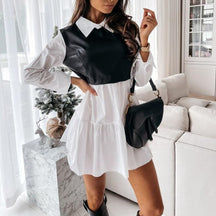 Long Sleeve Mini Shirt Dress For Women White 2022 Spring PU Leather Patchwork Plaid Dresses