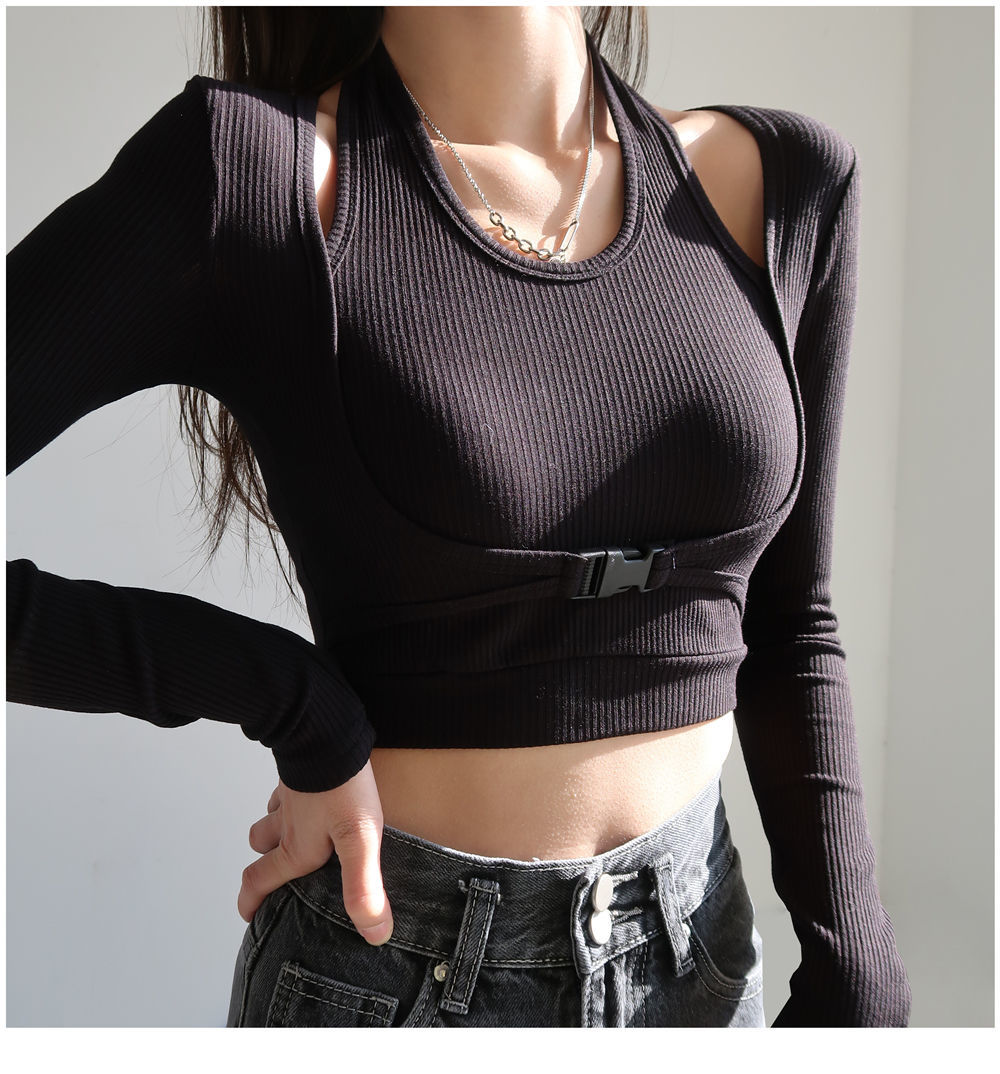 Fake Two Piece Halterneck Knitted Tops Women Tops Long Sleeved T-shirt Female