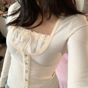 Sweet Cute Crop Top Lace Frill Bow Pullovers Vintage Square Collar T Shirt