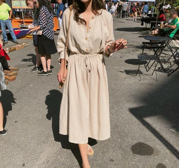 Long Shirt Dress Women Cotton Round Collar Slim Waist Drawstring Solid Color Sundress