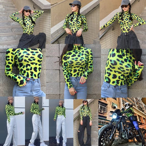 Women Long Sleeve Leopard Skin Prinetd Bodysuit Sexy Neon Green Streetwear Jumpsuit