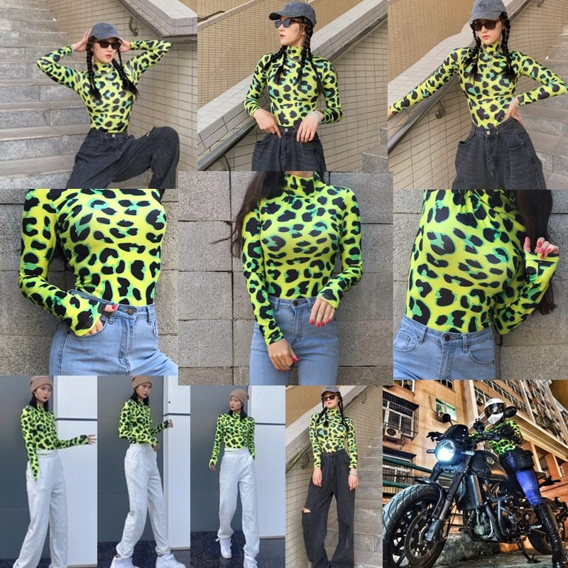 Tuta da donna a maniche lunghe in pelle di leopardo Prinetd Tuta da streetwear verde neon sexy