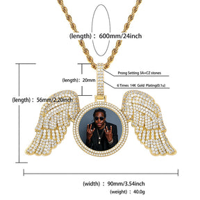 Angel Wings Custom Photo Medallion Necklace Iced Out  Cubic Zirconia Pendant Hip Hop Jewelry