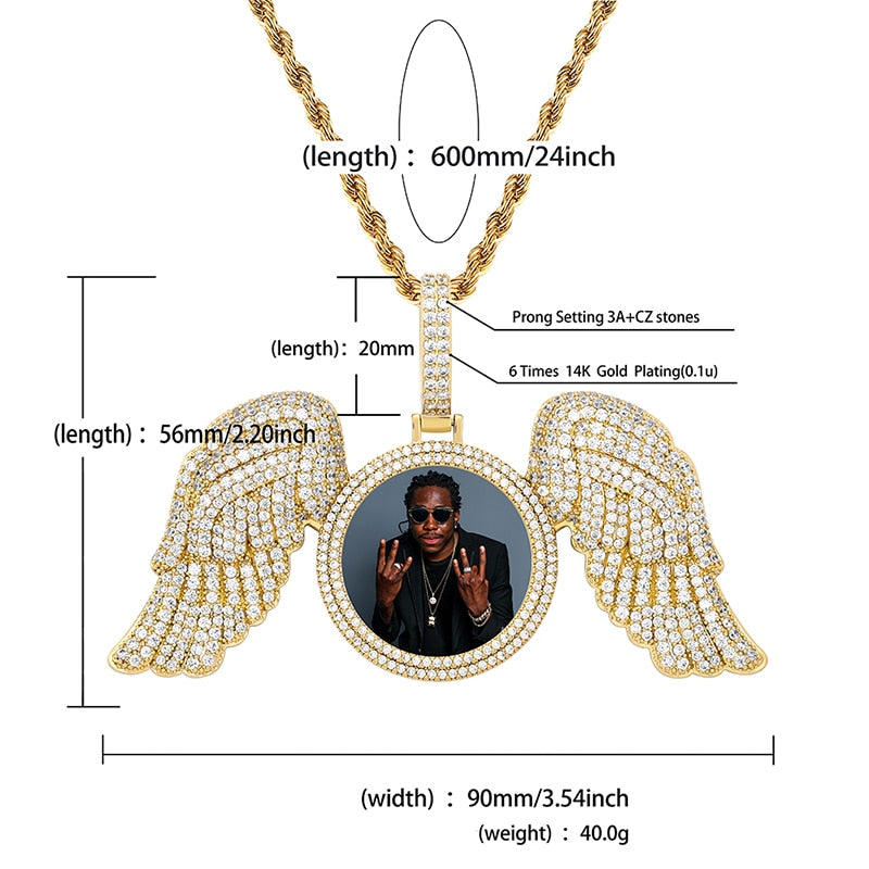 Angel Wings Custom Photo Medallion Necklace Iced Out  Cubic Zirconia Pendant Hip Hop Jewelry