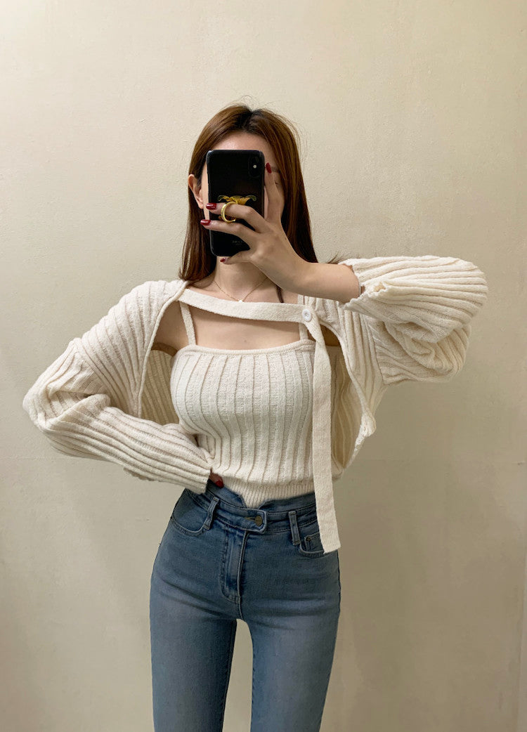 Camisole Knitted Cardigans Women Two Piece Sets 2021 Autumn Sweater Jacket Woman